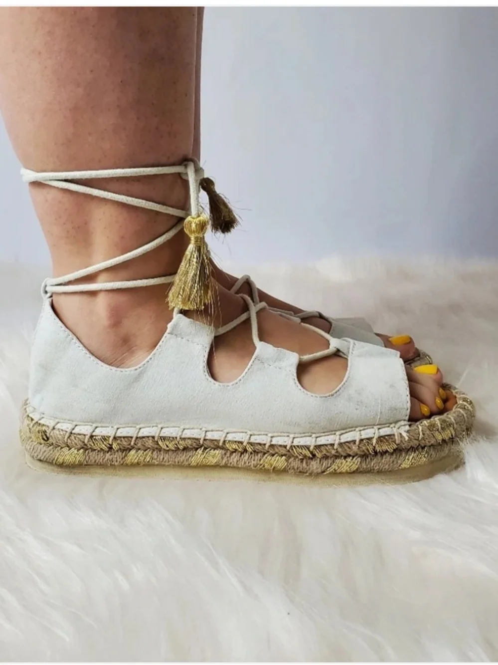 American Eagle White Lace-Up Espadrille Sandals with Gold Tassels - Women